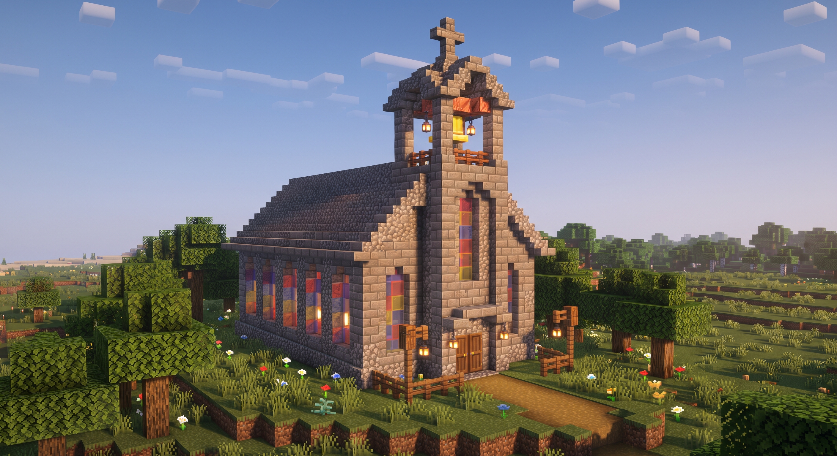Het droomontwerp van de kerk van De Blockertjes in Minecraft: een natuurstenen kerk met klokkentoren, kruis, gebrandschilderd glas en lantaarns